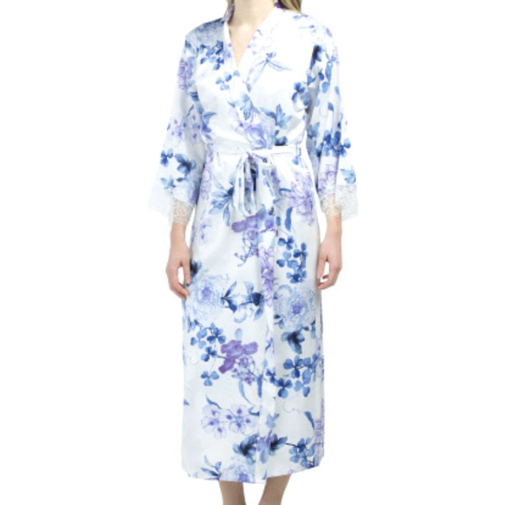 NEW LINEA DONATELLA Women Noralee Floral Blue Long Sleeve Lace Trim Robe - Picture 4 of 7